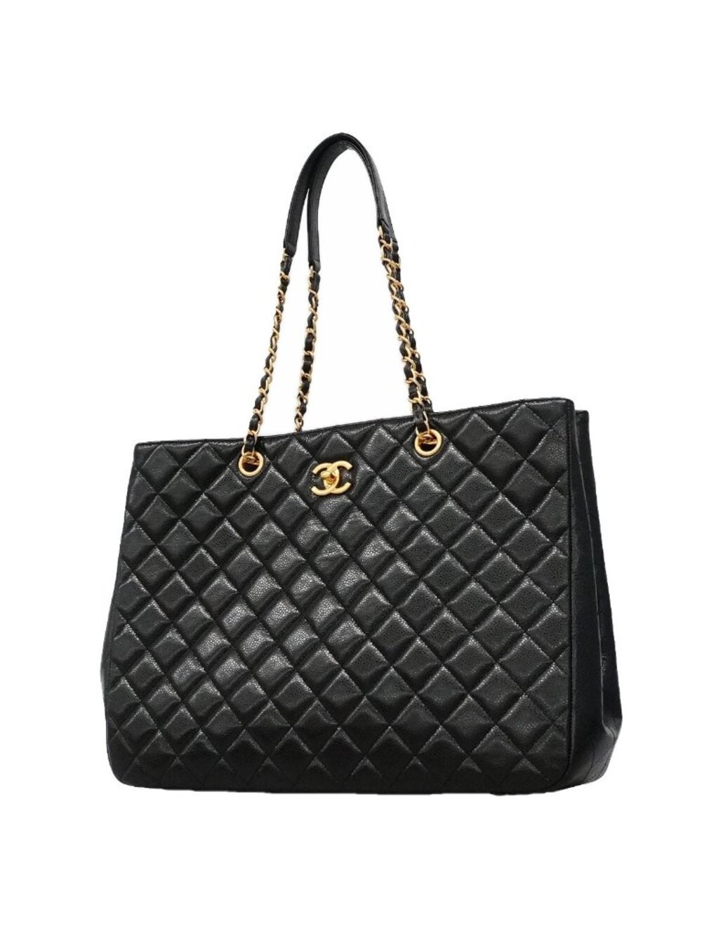 Chanel Chain Tote Bag Quilted Caviar Leather Black Gold